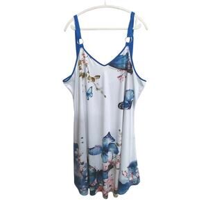 Fairycore butterfly floral cami slip dress mini sz XL white blue whimsical flowy